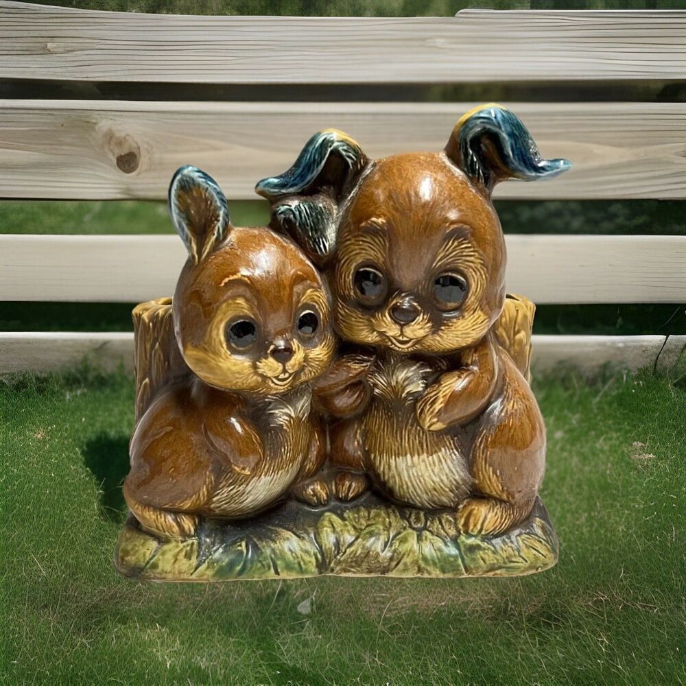 Vintage Napco Japan Brown Bunny Rabbits 6" x 6" Ceramic Planter Vase C9236